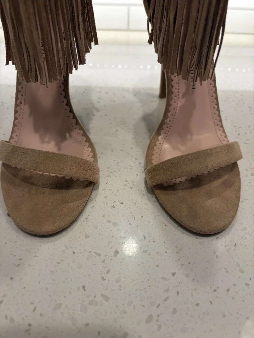 Chinese Laundry Taupe Fringe Ankle-Wrap Heels with Woven Accent